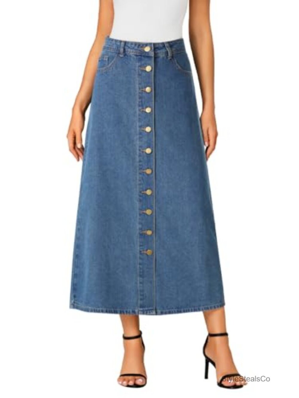 High Waisted Long Denim Skirt A Line Button Down Midi Jean Skirt